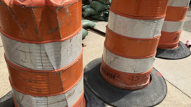 Road work closes lanes on Conant Street in Detroit, Hamtramck