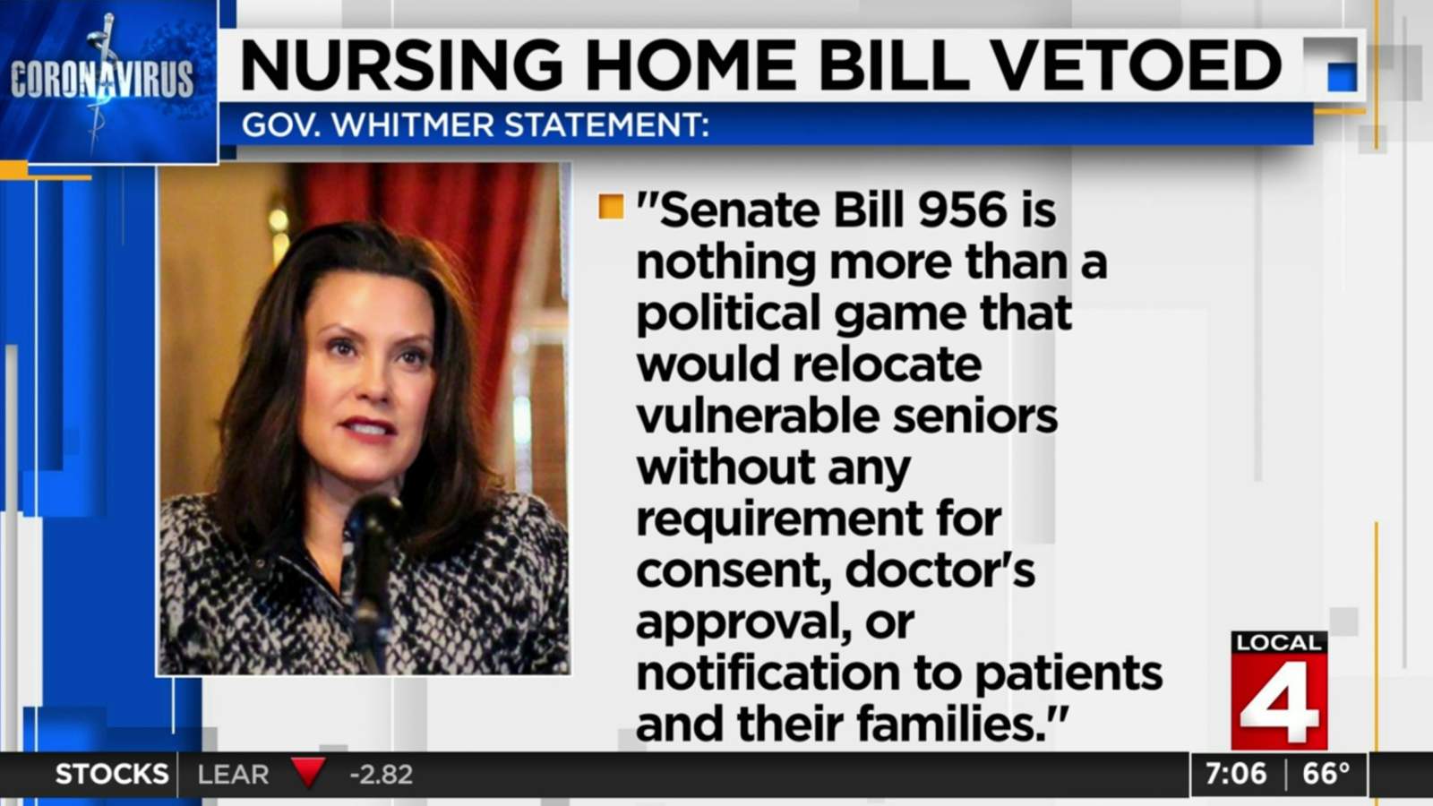 Michigan governor vetoes nursing home bill calling it a political game'