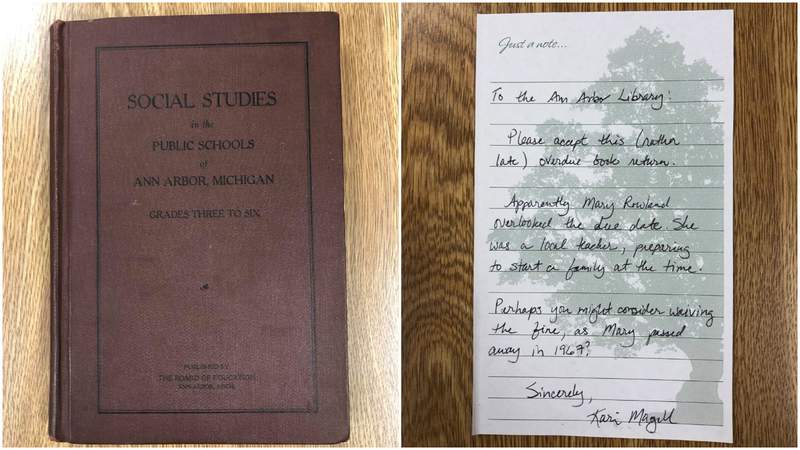 Book returned to Ann Arbor library with note explaining why it was 70 years late