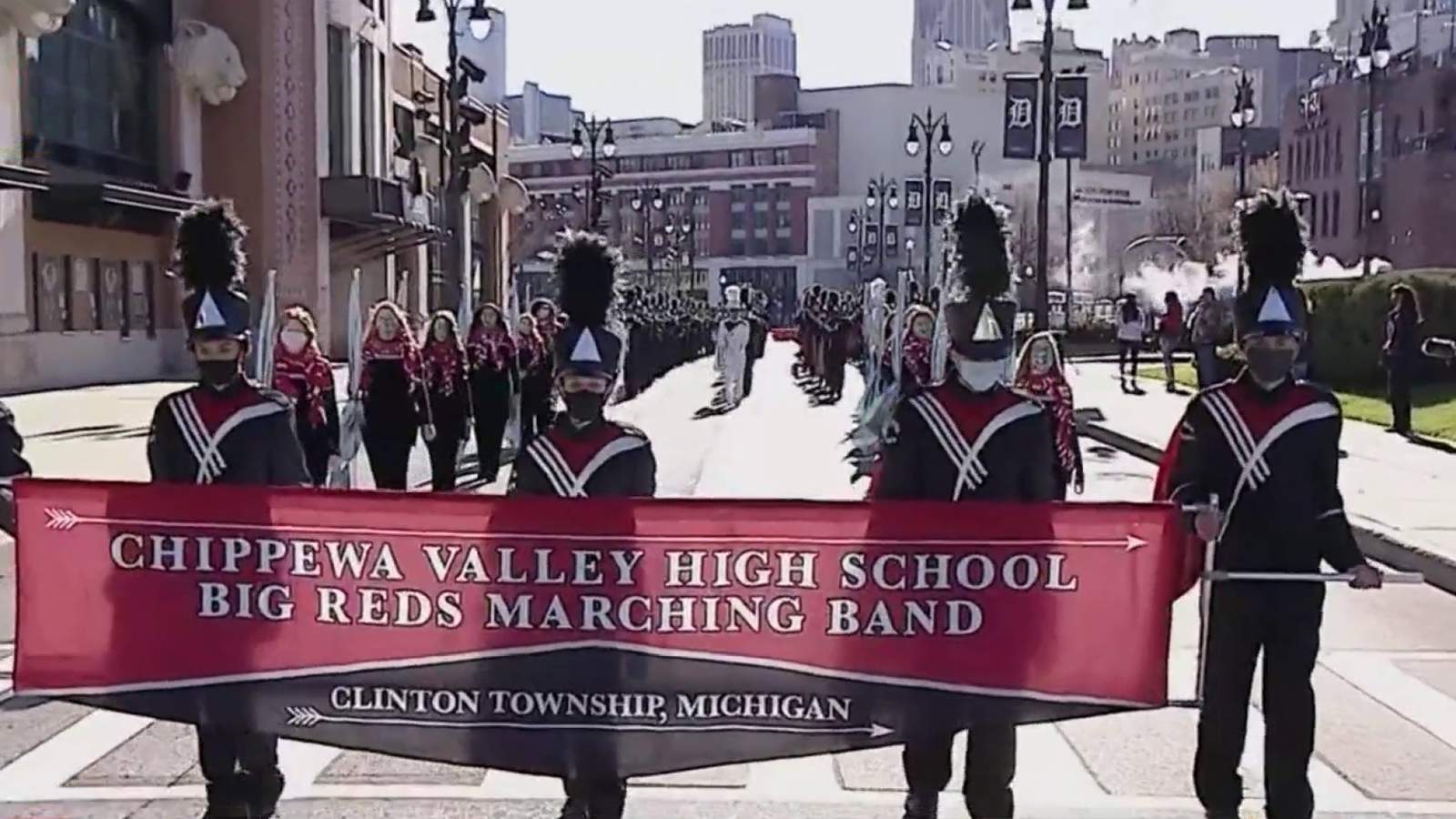 Chippewa Valley High School Big Reds Marching Band performs at 2020 America’s Thanksgiving Parade