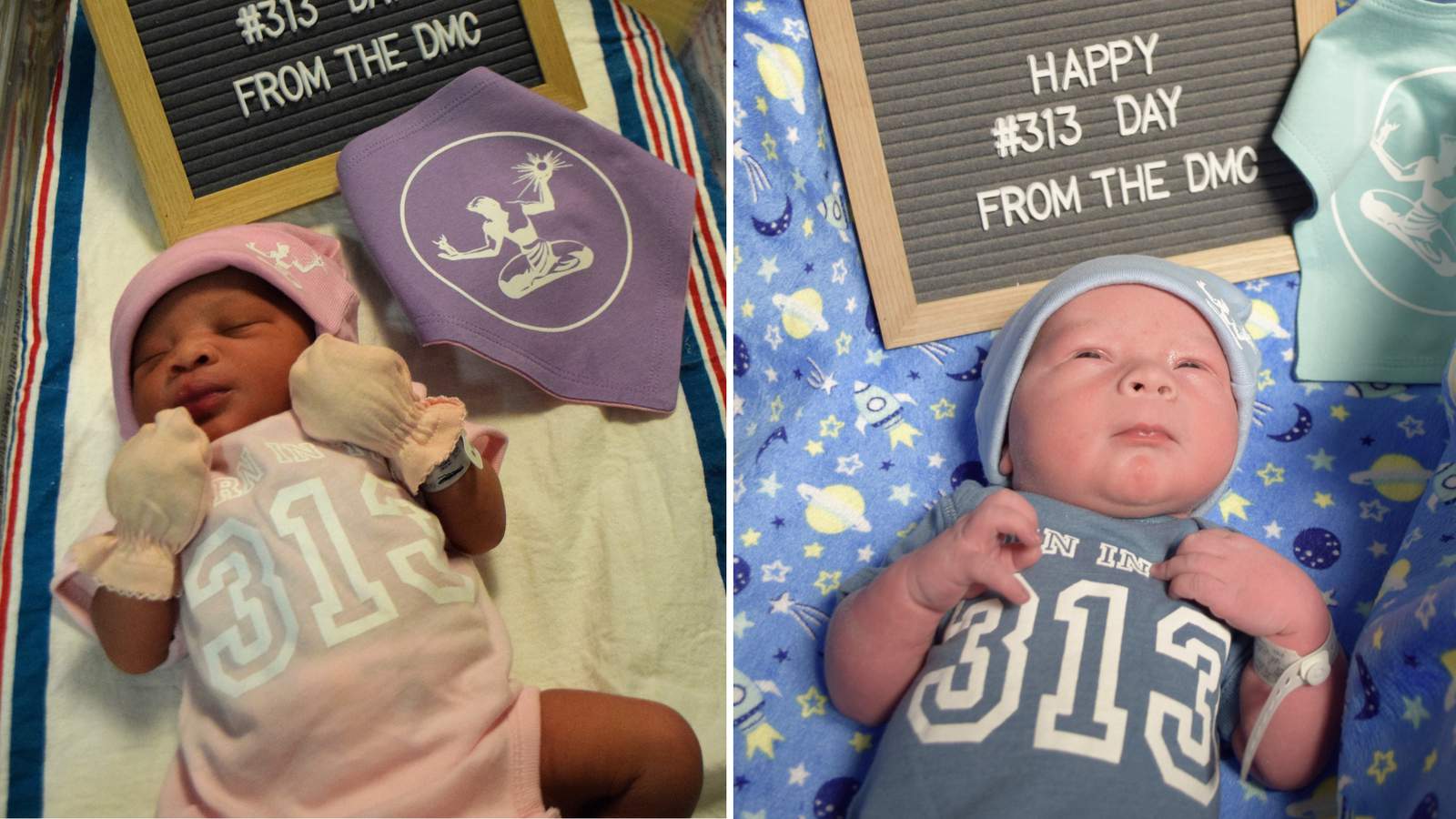 Newborn babies celebrate 313 Day with Detroit apparel at DMC hospital