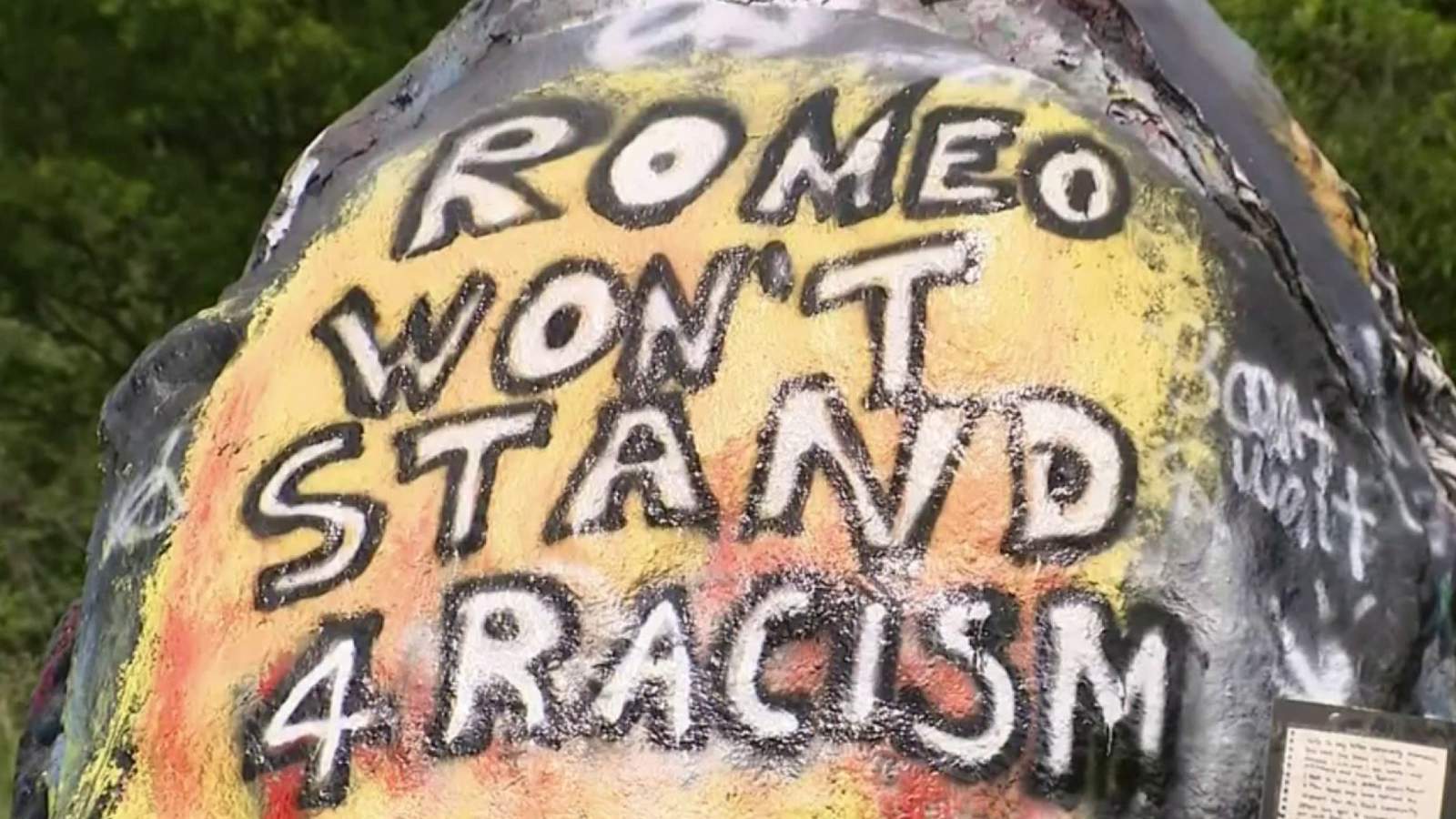 Future of ‘Romeo Rock’ uncertain after ‘Black Lives Matter’ message replaced with racial slur