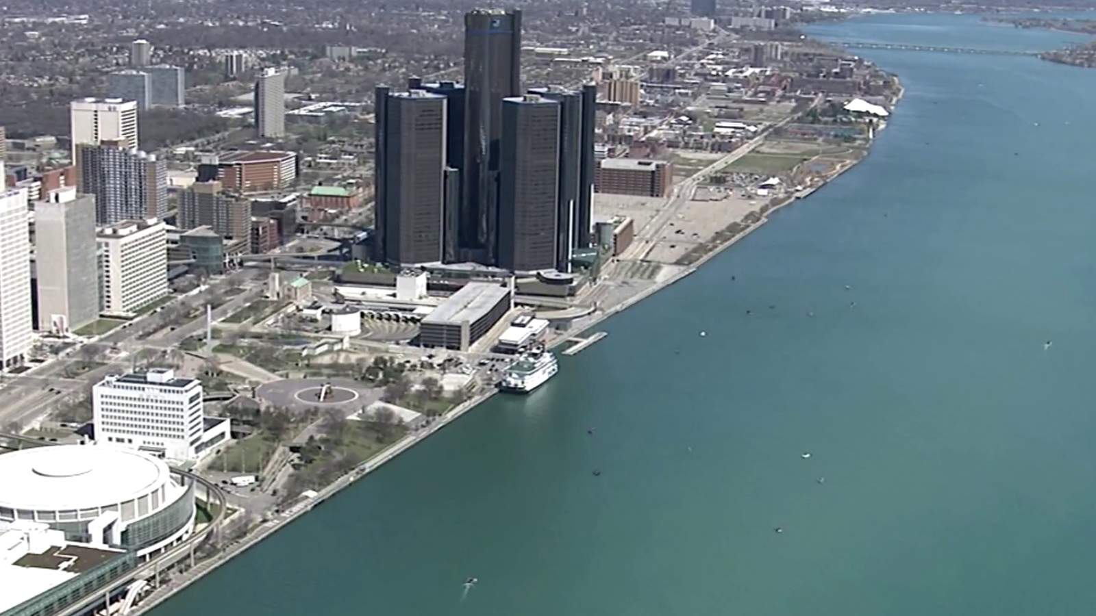 Aerial video shows empty Downtown Detroit during coronavirus pandemic