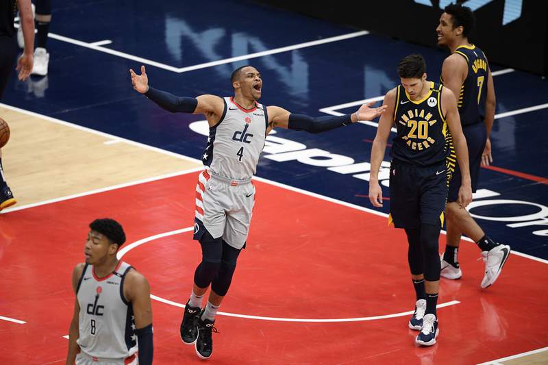 Beal, Westbrook lead Wiz past Pacers 142-115 for East 8 seed