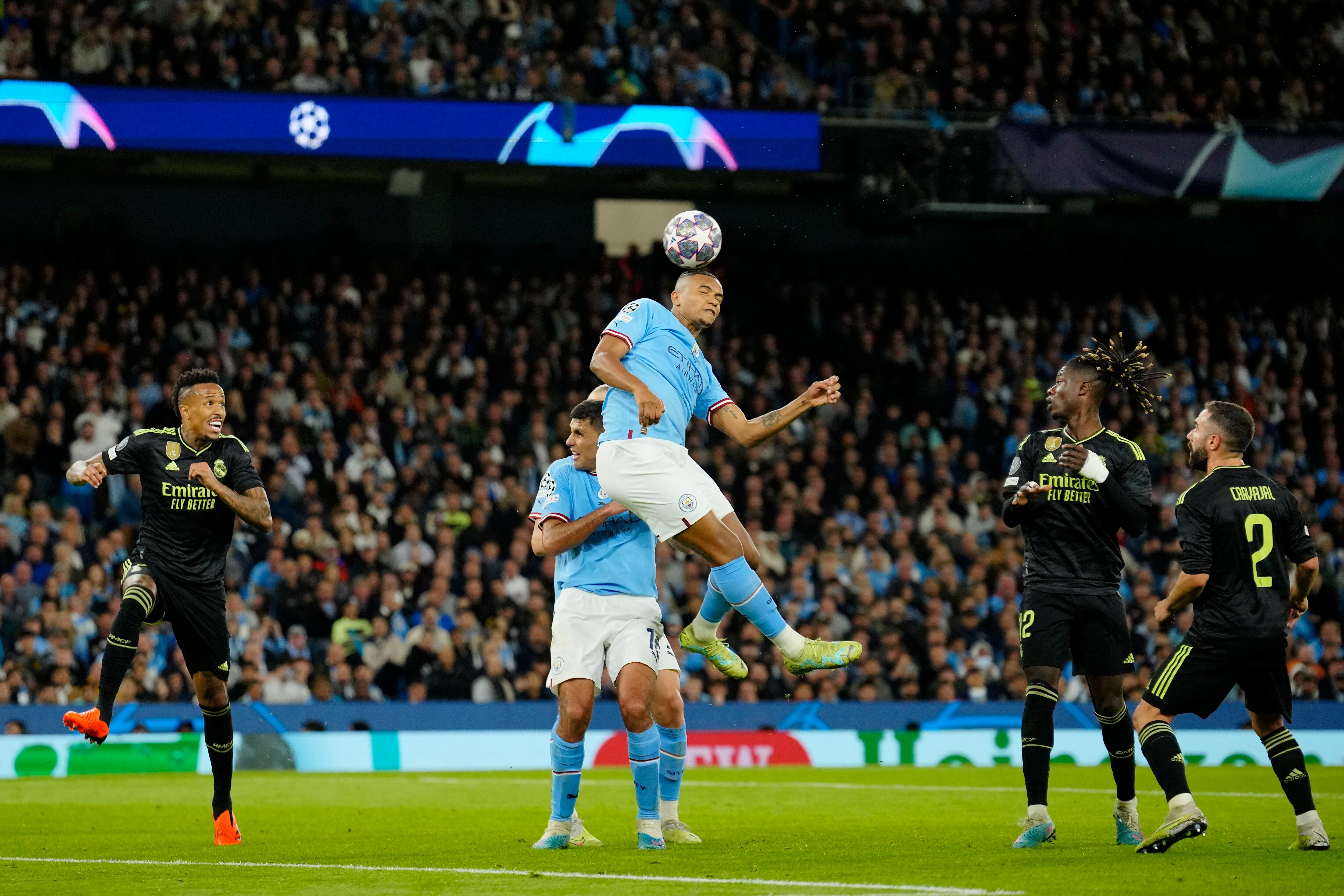 Real Madrid's Eder Militao heads the ball during the Champions League  semifinal second leg soccer match between Manchester City and Real Madrid  at Etihad stadium in Manchester, England, Wednesday, May 17, 2023. (