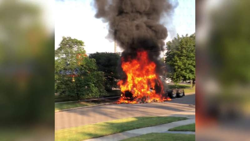 Semi truck catches fire in Detroit neighborhood
