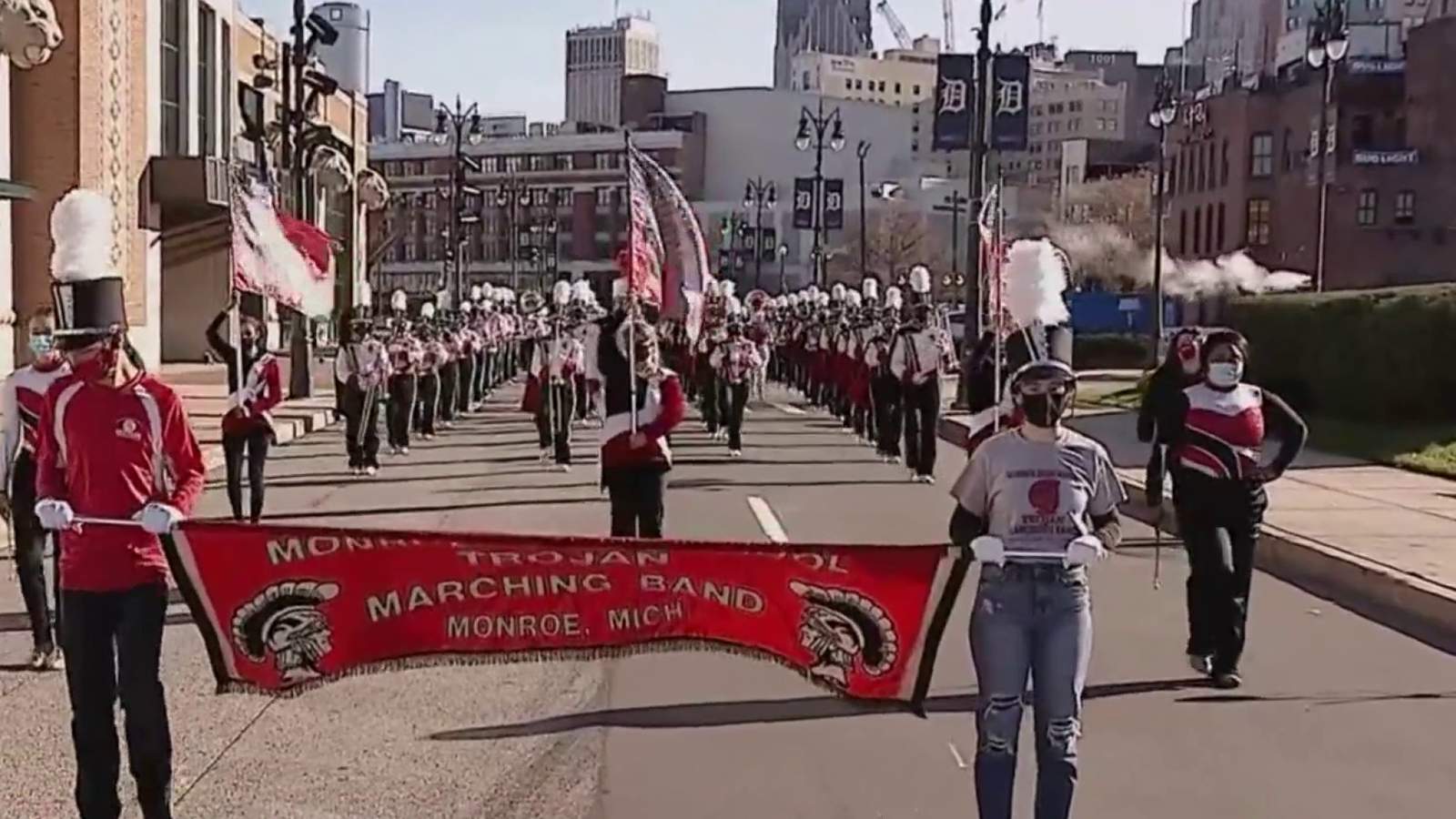 Monroe High School Trojan Marching Band performs at 2020 America’s Thanksgiving Parade