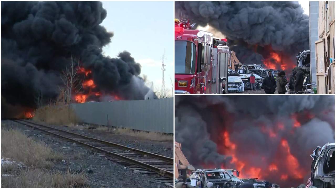 Dozens of cars ablaze as massive fire rips through Detroit junkyard