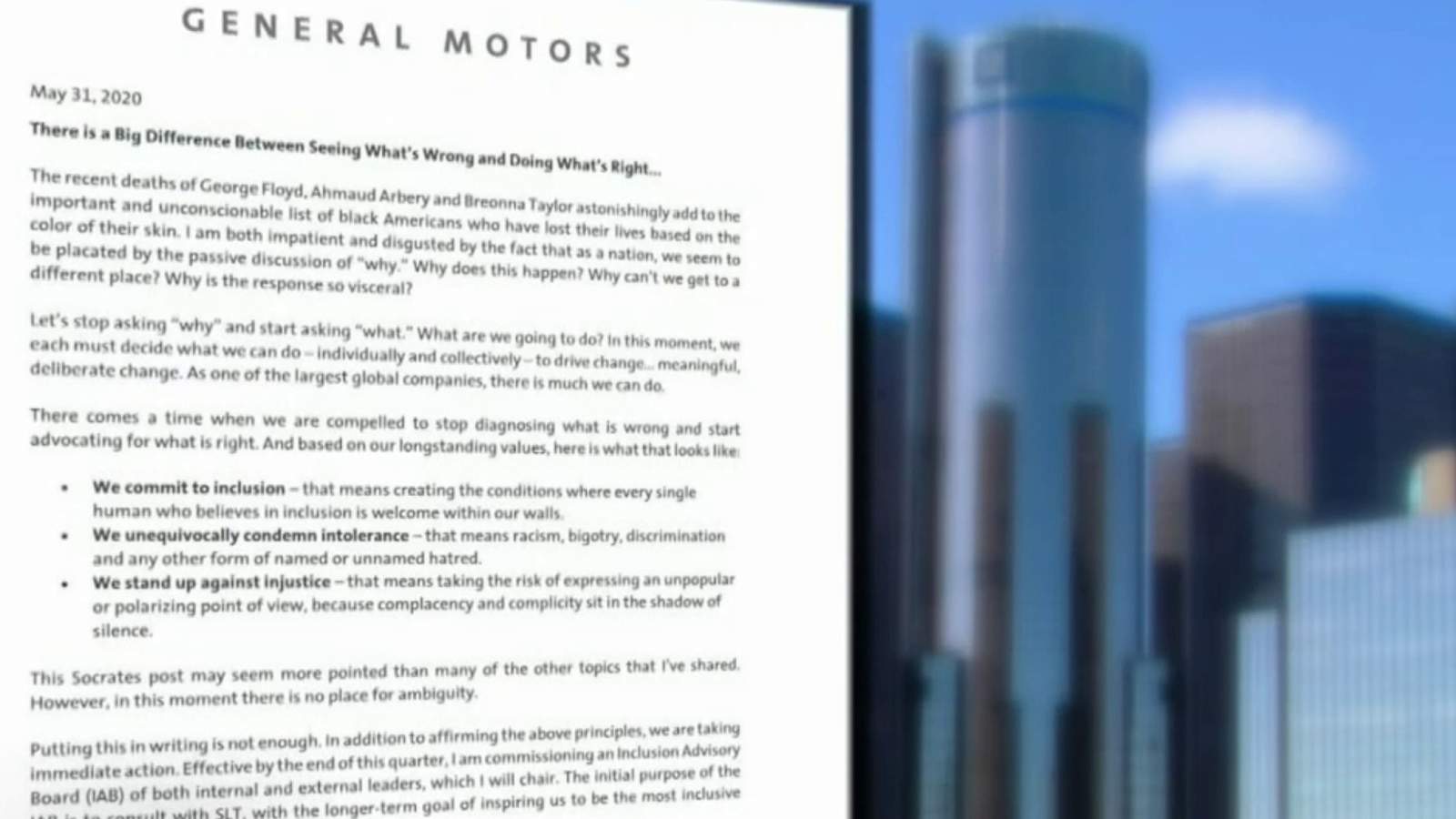 General Motors CEO address concerns protesters across the country are expressing
