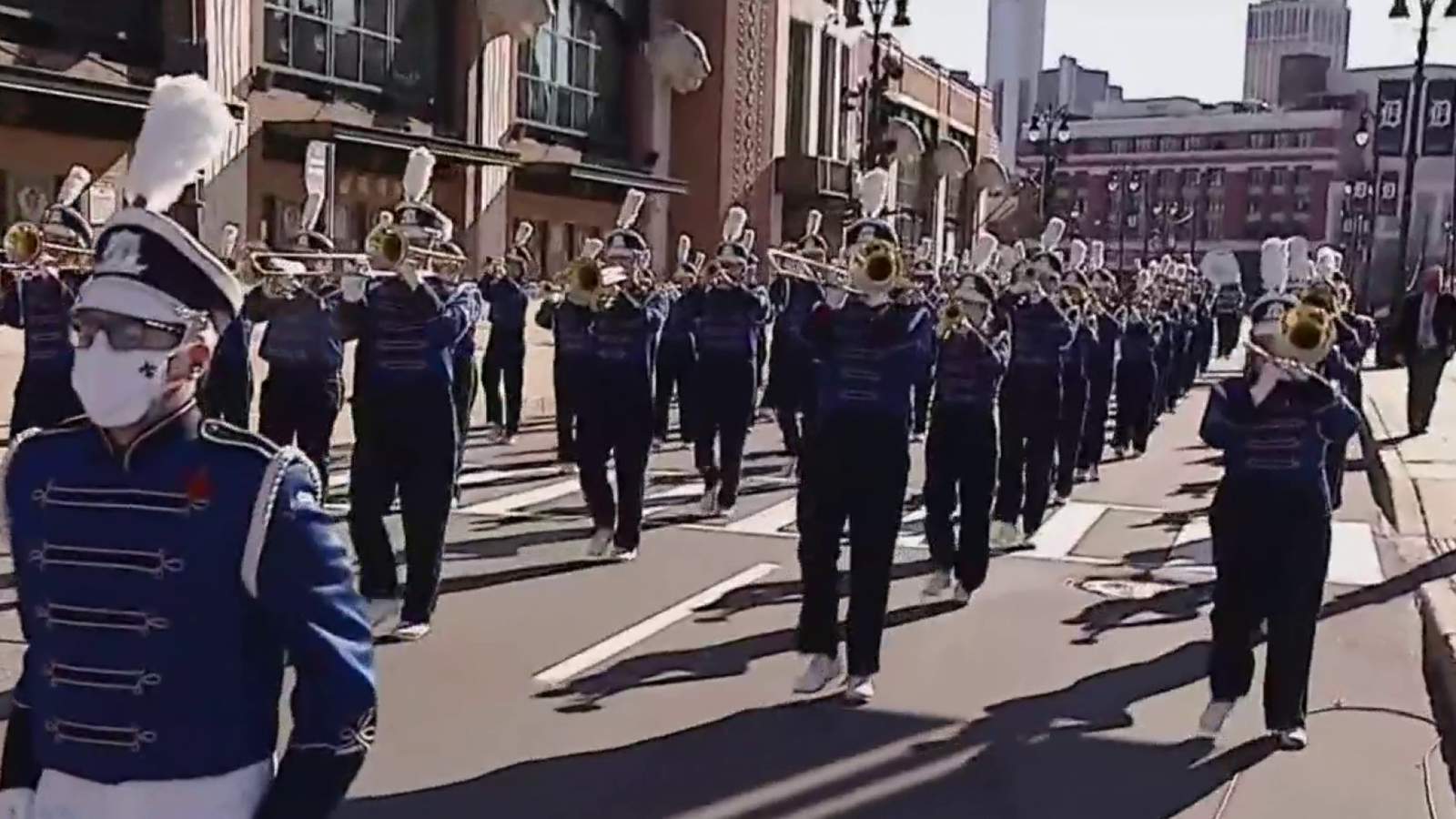 Saint Clair High School Marching Saints band performs at 2020 America’s Thanksgiving Parade
