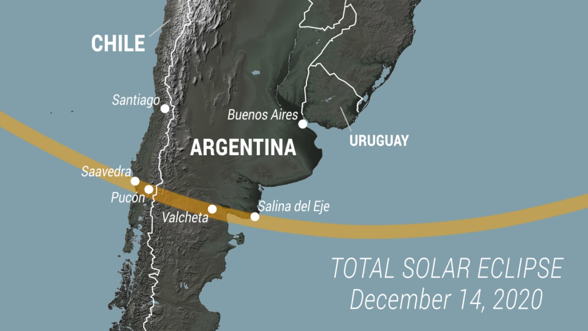 A total solar eclipse will cross Chile and Argentina on Dec. 14, 2020. Image courtesy of the National Aeronautics and Space Administration (NASA).
